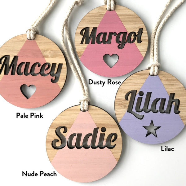 Wooden name clearance bag tags
