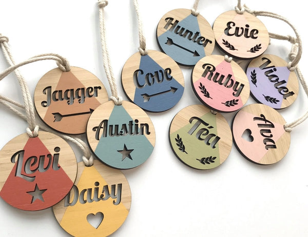 Wooden name bag tags store