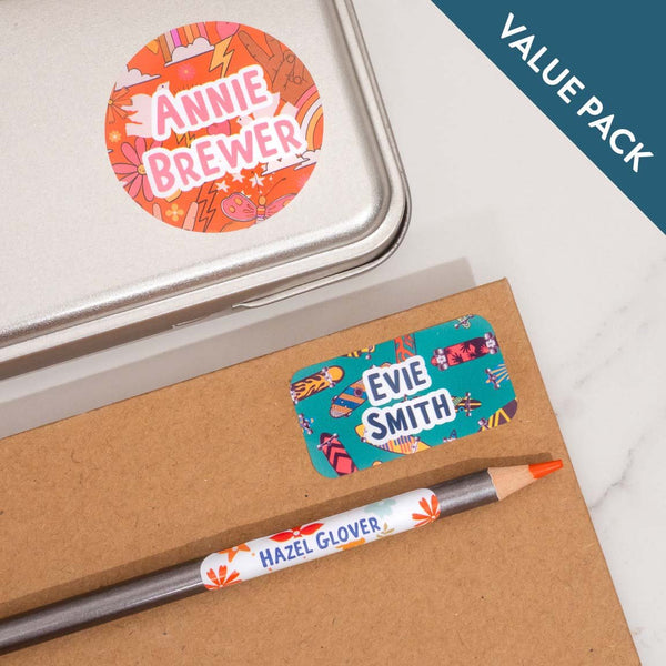 Personalised Name Labels for Kids - VALUE PACK Mixed PATTERN Stickers